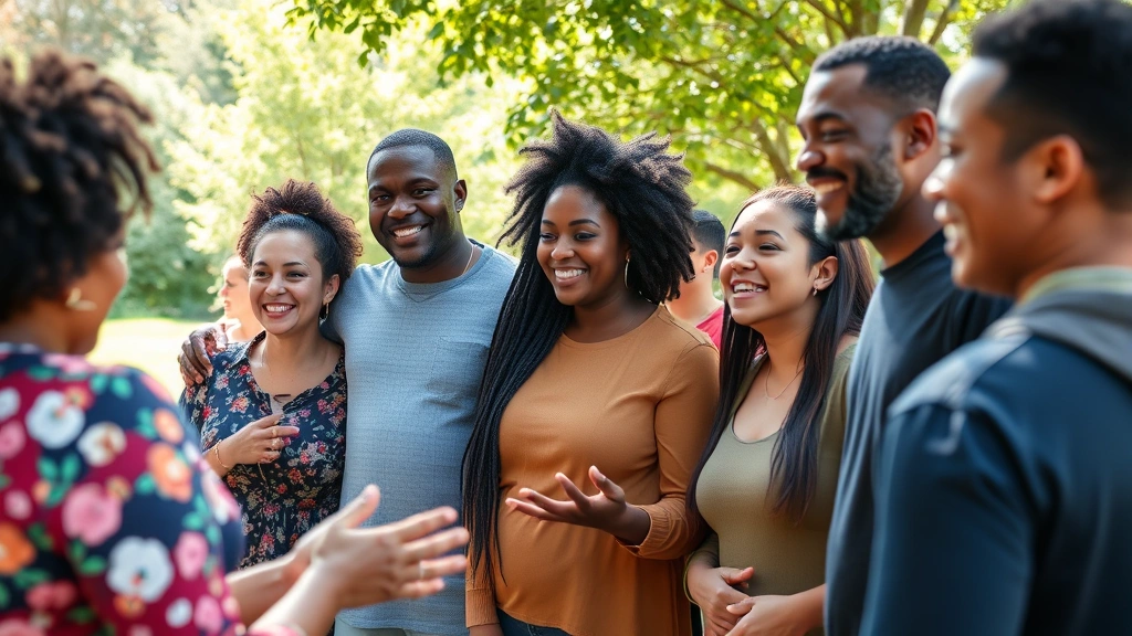Diverse community members participating in outdoor wellness activity, smiling and engaged in group health initiative, natural sunlight, inclusive atmosphere
