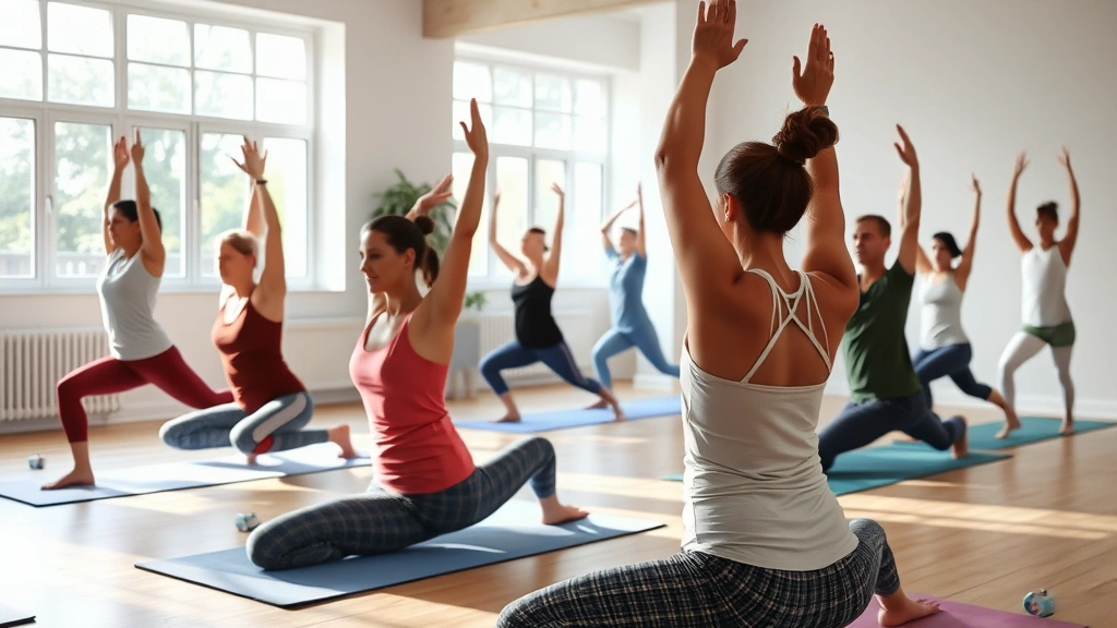 Group wellness session with participants doing yoga or stretching together indoors, natural lighting through windows, peaceful calm environment, diverse age groups