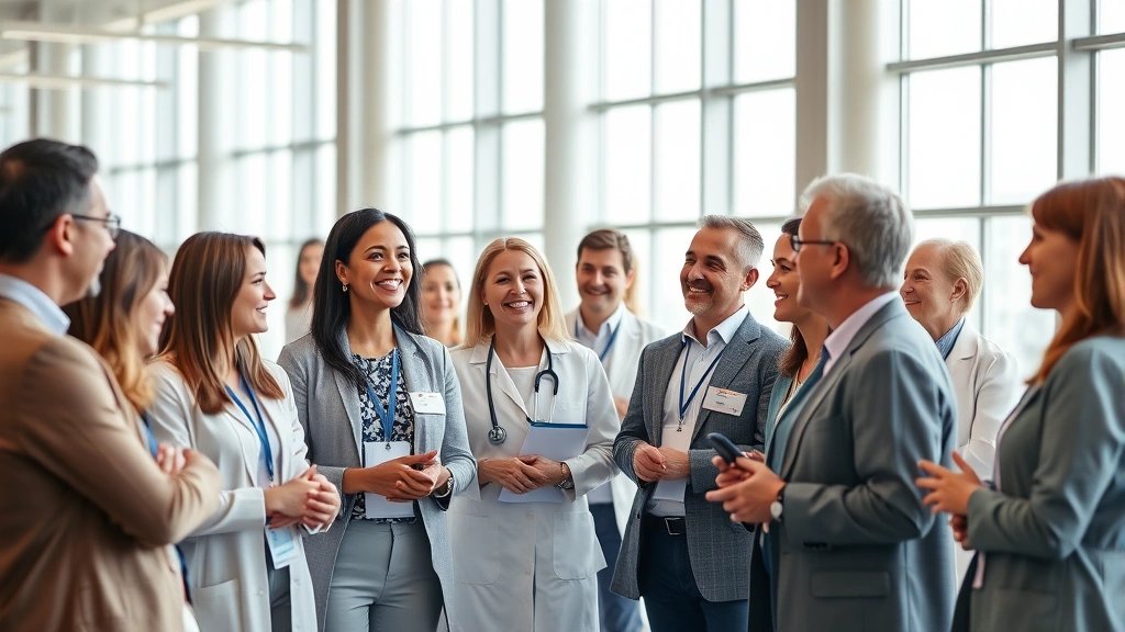 Diverse group of healthcare professionals and wellness practitioners networking at a modern conference center, smiling and exchanging ideas, bright natural lighting through floor-to-ceiling windows, professional casual attire