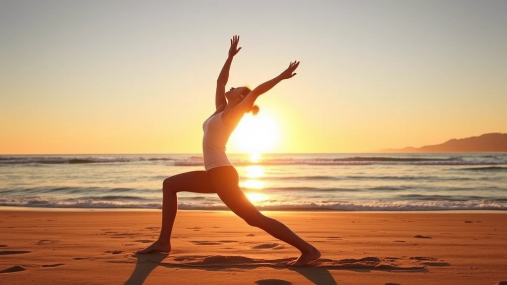 Woman practicing yoga on a peaceful beach at sunrise, serene ocean backdrop, golden light, natural wellness environment, mindful movement and meditation