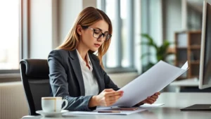 Professional woman in business casual attire reviewing documents at modern desk with coffee cup, natural window lighting, focused determined expression, contemporary office workspace