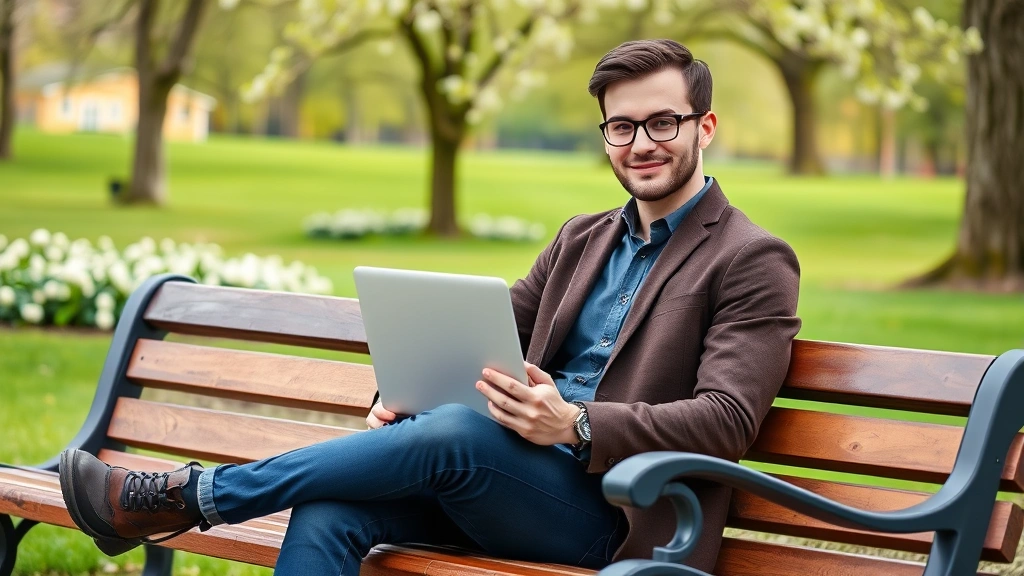 Young professional man sitting at laptop outdoors on wooden bench, peaceful park setting, confident posture, spring flowers visible, natural morning light, career planning