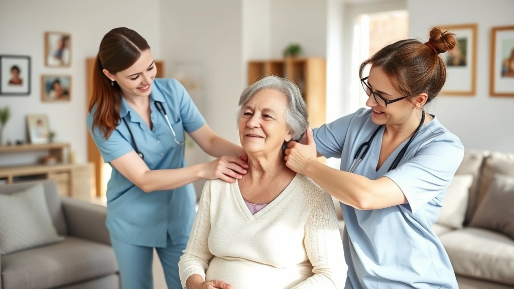 Mature woman receiving gentle physical therapy assistance from caring female nurse in bright, modern living room with natural sunlight, comfortable furniture, and family photos on walls