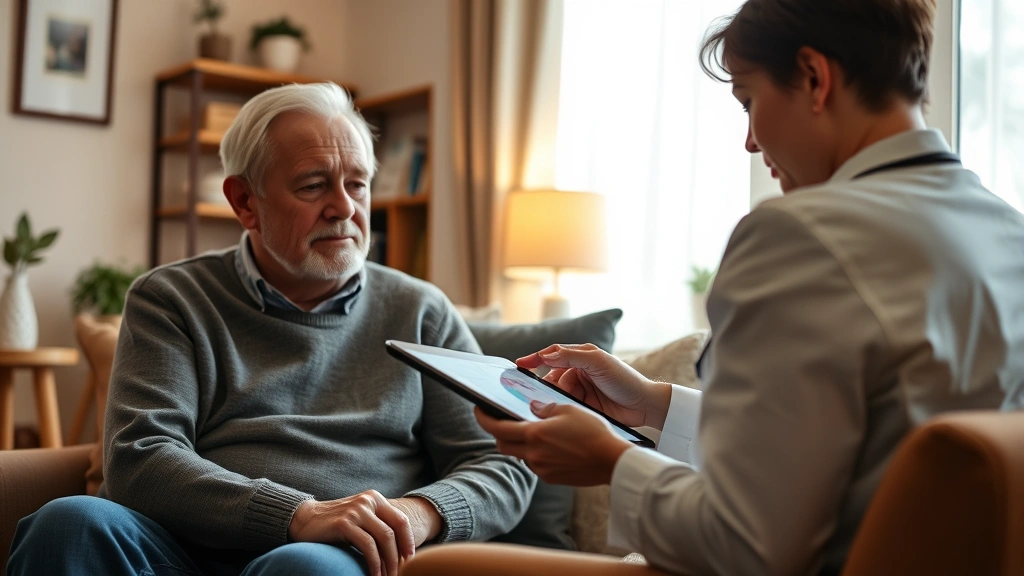 Close-up of healthcare provider using digital tablet to review patient health records while sitting with elderly man in cozy home office, warm lighting, professional yet comfortable atmosphere