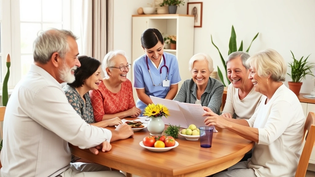 Multi-generational family gathered around dining table with home health nurse explaining care plan, smiling faces, natural window light, warm home environment with plants and personal touches