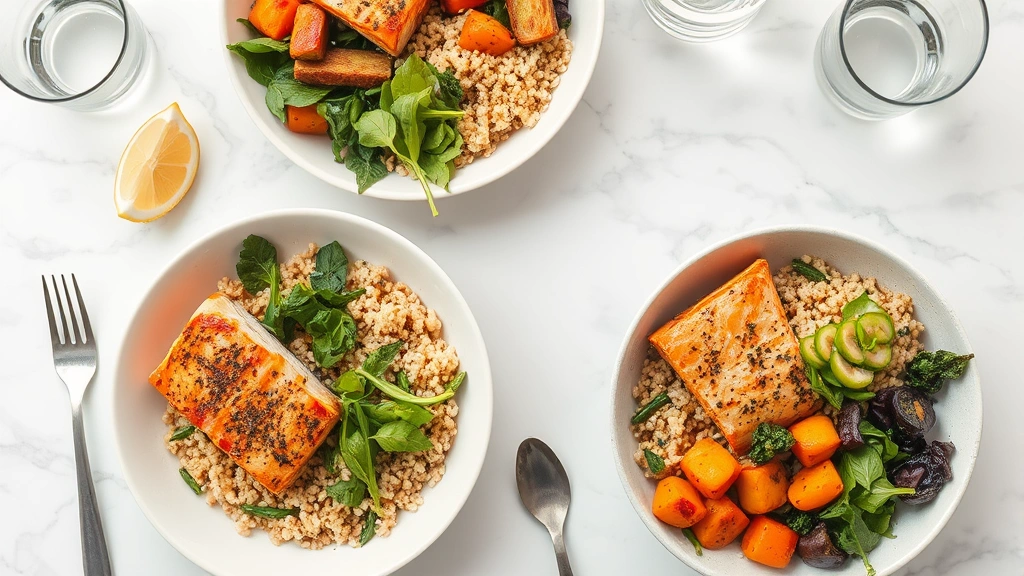 Colorful nutrient-dense meal bowls with salmon, quinoa, roasted vegetables, and greens on marble table with water glass, Mediterranean style