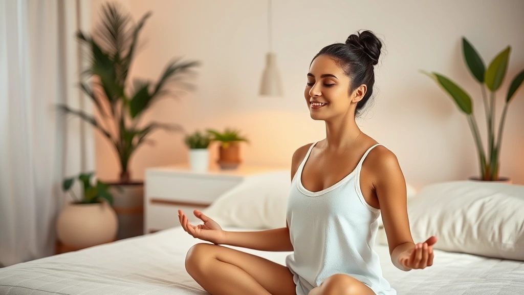 Woman meditating peacefully in spa-like bedroom with soft lighting, plants, comfortable pillows, serene wellness sanctuary aesthetic
