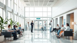 Modern hospital interior with welcoming reception area, natural lighting, comfortable seating, diverse patients and compassionate healthcare staff interacting, contemporary healthcare environment