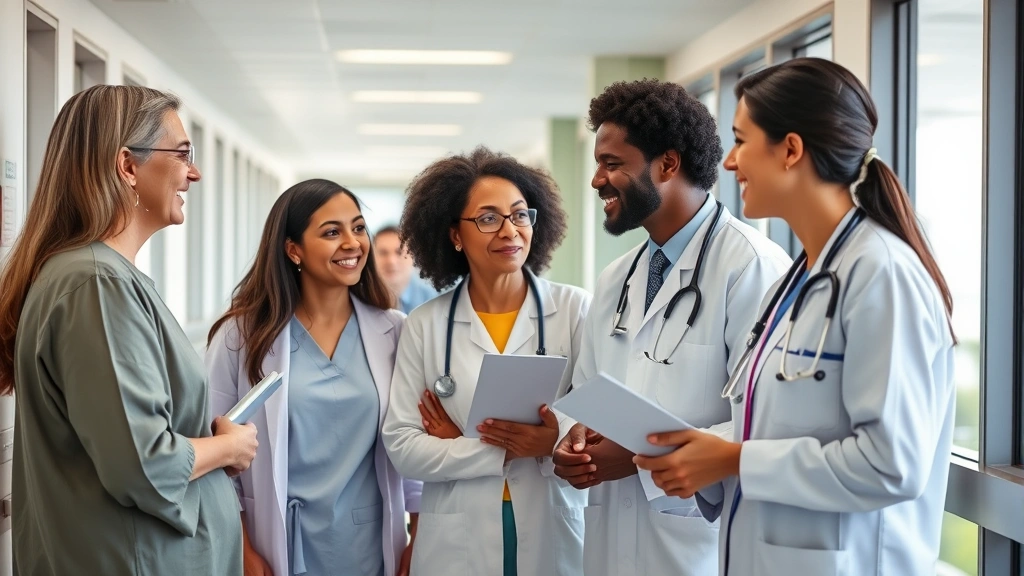 Diverse patients and healthcare professionals collaborating in a modern hospital corridor, natural lighting, warm expressions, diverse ages and ethnicities, professional attire, modern medical facility background