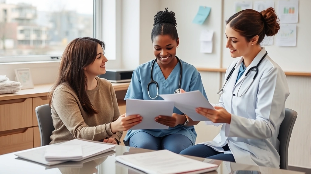 Patient sitting with nurse reviewing medical documents at a contemporary clinic desk, calm atmosphere, organized medical charts, natural window light, genuine interaction, comfortable healthcare setting