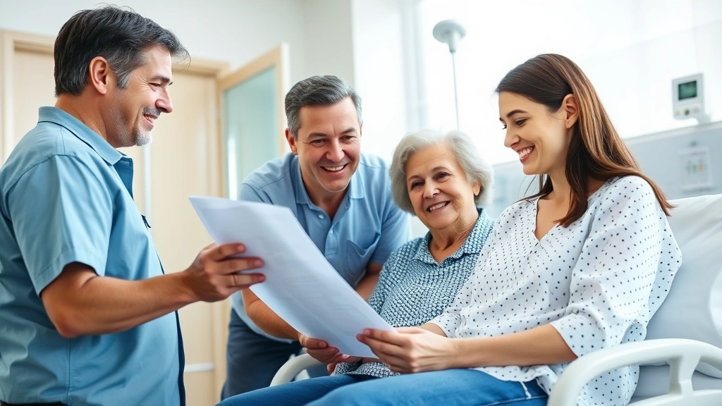 Family members and patient reviewing discharge paperwork in bright hospital room, supportive gestures, modern medical equipment visible, positive expressions, inclusive healthcare moment