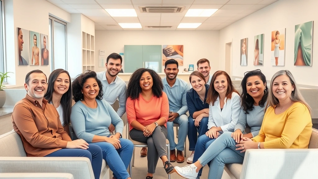 Diverse group of people in bright medical clinic waiting room, smiling and relaxed, modern healthcare facility interior with comfortable seating, wellness posters on walls, reception desk visible