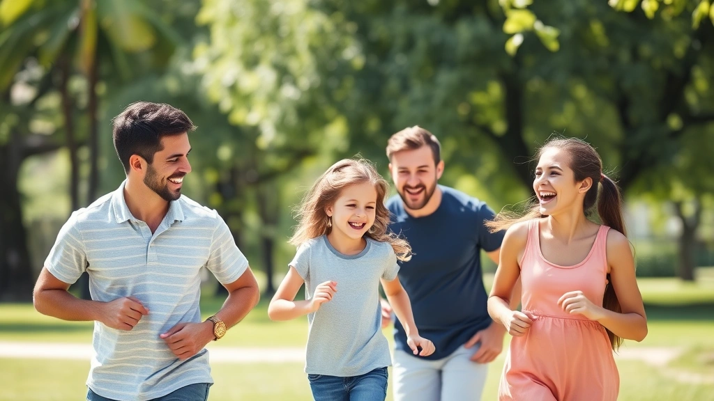 Young family enjoying outdoor activities together in park, parents and children laughing and active, sunny day with green trees, representing healthy lifestyle and wellness planning