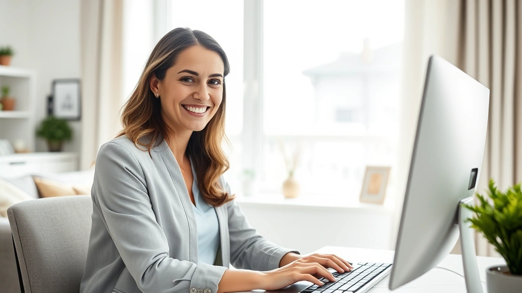 Professional woman at home computer smiling while accessing health insurance portal, modern living room background, natural daylight through window, confident expression