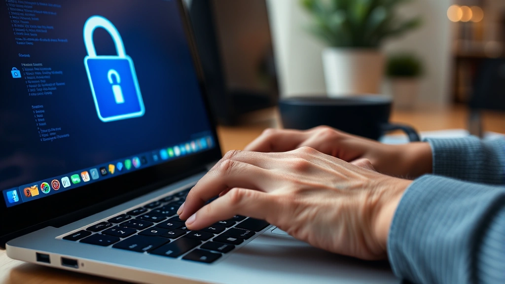 Close-up of hands typing secure password on laptop keyboard, blue security lock icon visible on screen, professional home office setting, focused concentration