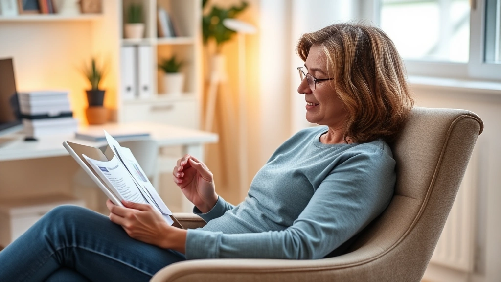 Person reviewing health documents and insurance information on tablet while sitting in comfortable chair, wellness-focused environment, warm ambient lighting, organized desk
