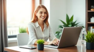 Professional woman with warm smile using laptop at modern home office desk, soft natural lighting from window, wellness-focused workspace with plants and water bottle, calm professional environment