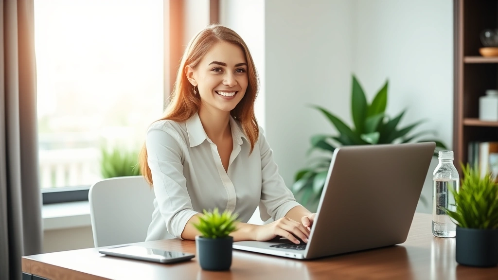 Professional woman with warm smile using laptop at modern home office desk, soft natural lighting from window, wellness-focused workspace with plants and water bottle, calm professional environment