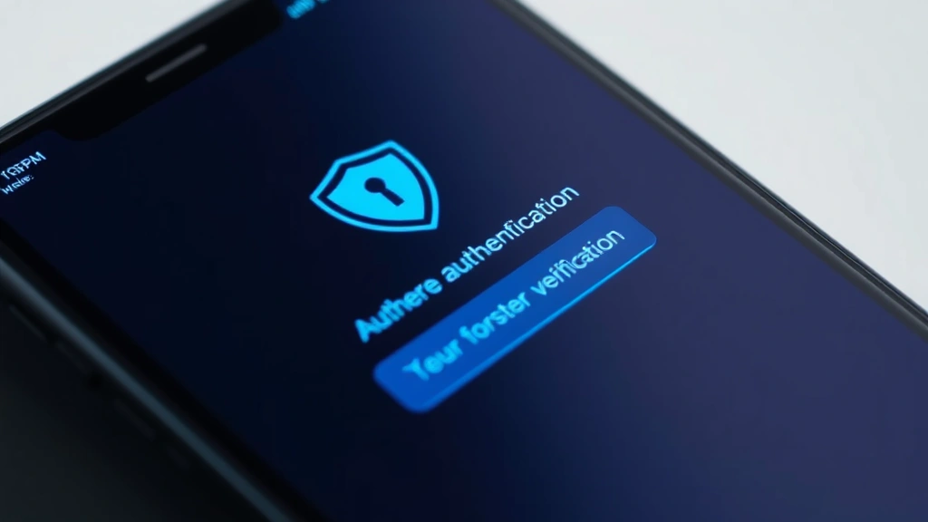 Closeup of smartphone displaying secure authentication prompt with shield icon and blue lighting, two-factor verification screen, modern healthcare technology interface, clean minimalist design
