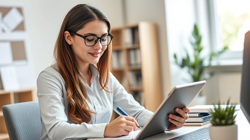 Young professional in business casual attire reviewing health records on tablet while taking notes, natural office setting with soft lighting, confident wellness management moment, organized desk workspace