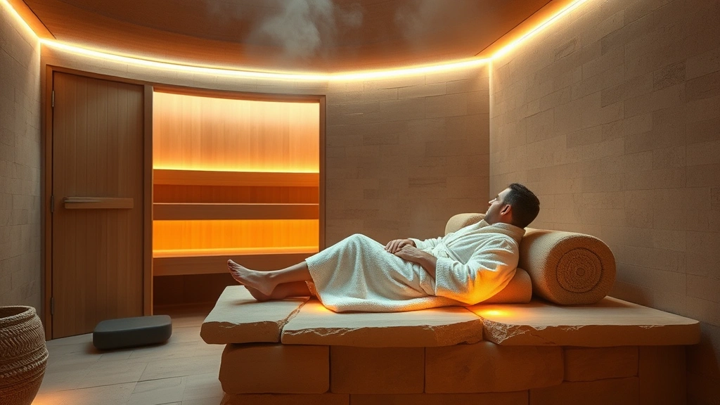 Serene spa interior with warm lighting, eucalyptus steam rising from sauna, guest in plush robe relaxing on heated stone bench, desert-inspired neutral tones, luxury wellness ambiance