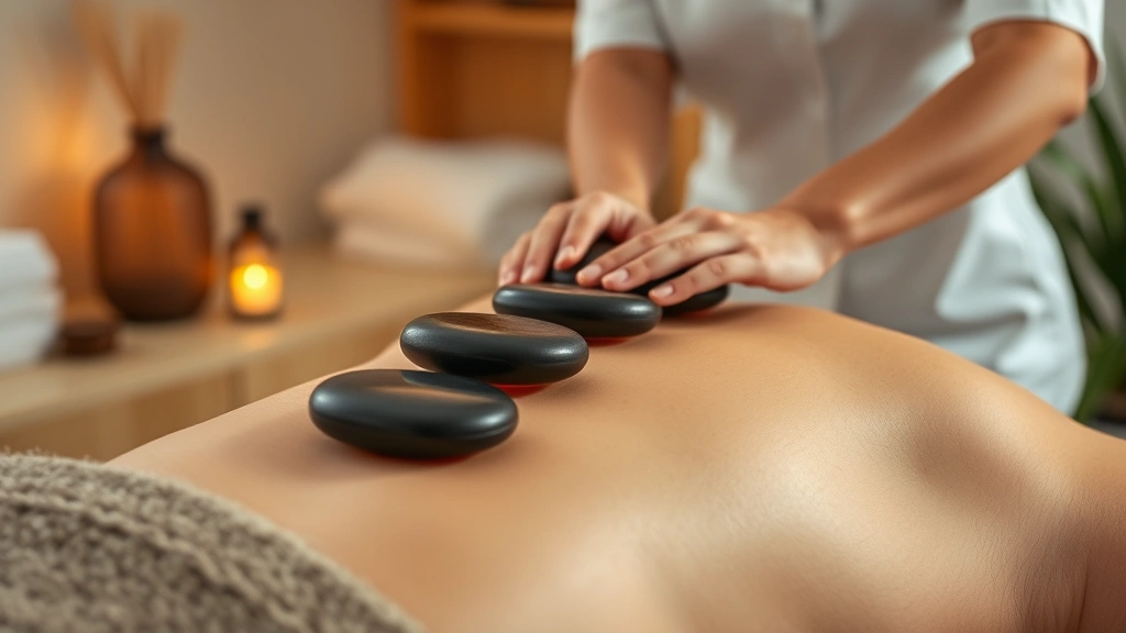 Professional massage therapist performing hot stone massage on client's back, smooth basalt stones glowing warmly, essential oil diffuser in background, tranquil spa room with soft lighting