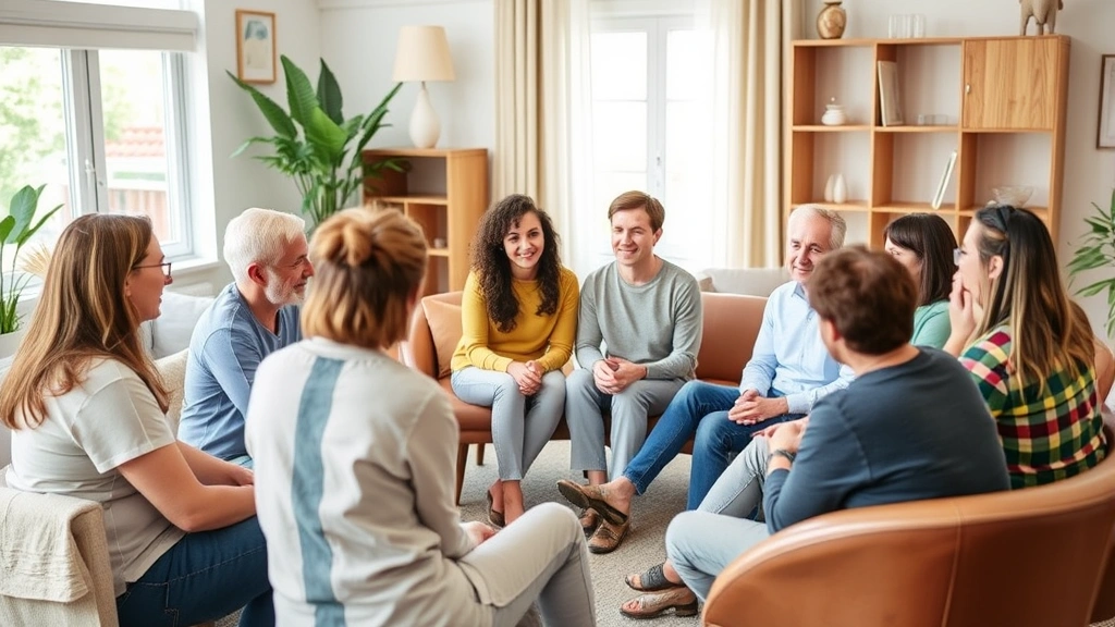 Diverse group therapy circle with patients of various ages sitting together in supportive discussion. Therapeutic environment with natural light, comfortable furniture, and hopeful expressions reflecting healing community connection.