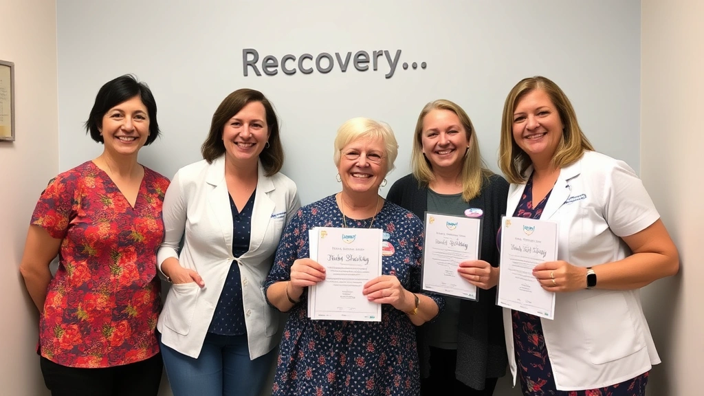 Recovery milestone celebration showing patient with treatment team, displaying gratitude and progress. Discharge planning moment, discharge papers visible, smiling faces representing hope, healing, and successful mental health treatment journey.