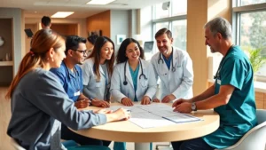 Diverse healthcare professionals collaborating in modern rehabilitation facility, discussing patient care plan at round table, warm natural lighting, professional attire, inclusive team environment