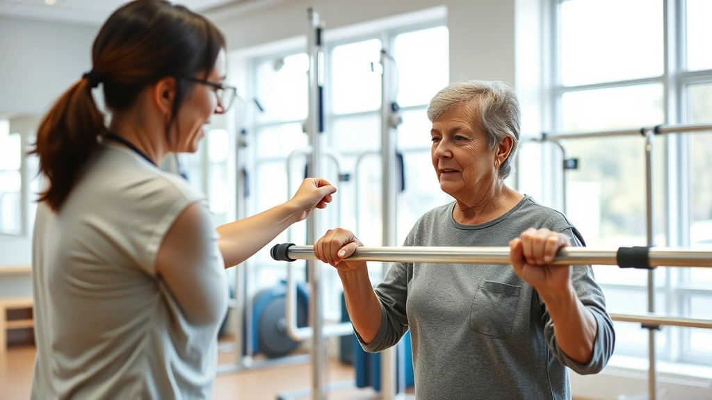 Patient in physical therapy session using parallel bars for gait training, therapist providing support and encouragement, bright rehabilitation gym, equipment visible, focused determination on patient face