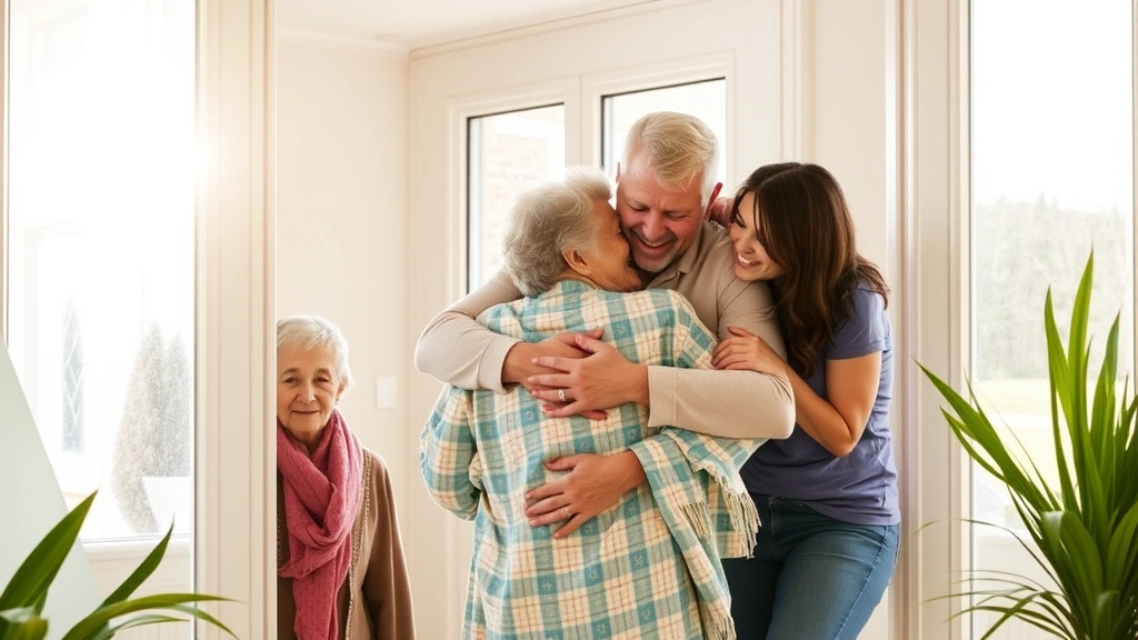 Multi-generational family celebrating patient discharge from hospital, embracing in sunny home entryway, joyful expressions, recovery success moment, real authentic emotion