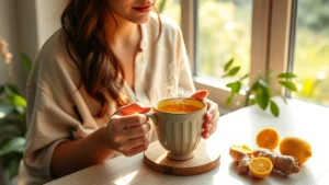 Serene wellness moment: woman in cozy linen clothing holding steaming ceramic mug with golden turmeric beverage on light wooden table, morning sunlight streaming through window, fresh ginger root and lemon nearby, peaceful botanical background