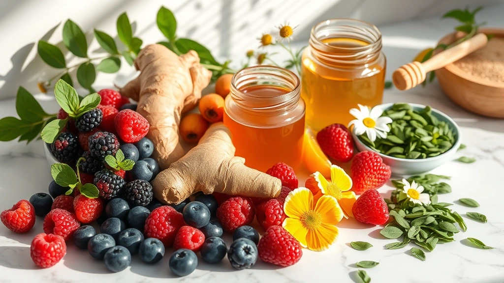 Vibrant ingredient arrangement: colorful fresh berries, turmeric root, ginger, chamomile flowers, honey jar, and green tea leaves artfully displayed on marble countertop with natural morning light, botanical wellness aesthetic