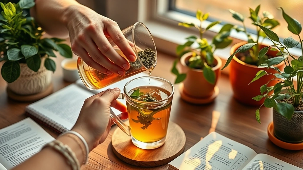 Lifestyle wellness ritual: hands preparing herbal infusion with fresh herbs, pouring warm liquid into beautiful glass cup, surrounded by wellness journal and potted green plants, warm golden hour lighting, mindful self-care atmosphere