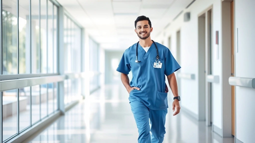 Healthcare professional in scrubs walking through hospital corridor, confident posture, modern medical facility background, natural professional environment, diverse healthcare setting