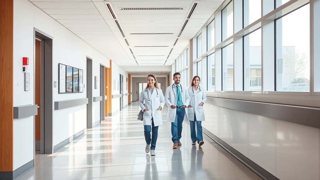 Modern hospital corridor with natural light, medical professionals walking purposefully, clean contemporary healthcare facility interior, warm welcoming atmosphere, Minnesota setting