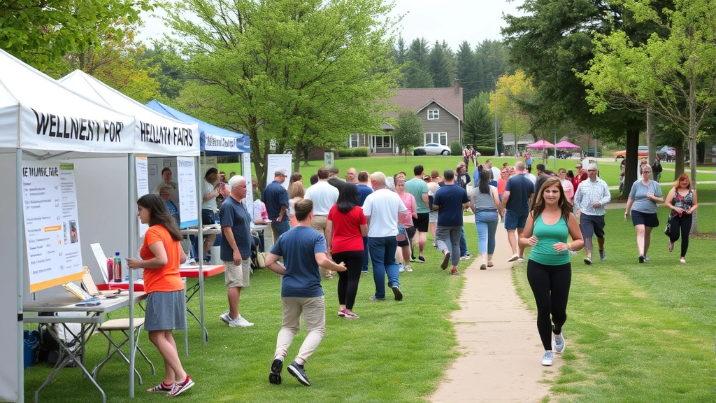 Community health fair with wellness booths, people exercising outdoors, preventive care activities, diverse community members, green spaces, healthy lifestyle promotion, northern Minnesota landscape