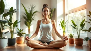 Serene wellness lifestyle scene: woman in peaceful meditation pose surrounded by potted plants and natural sunlight streaming through large windows, wooden floor, minimalist modern interior design, warm afternoon ambiance