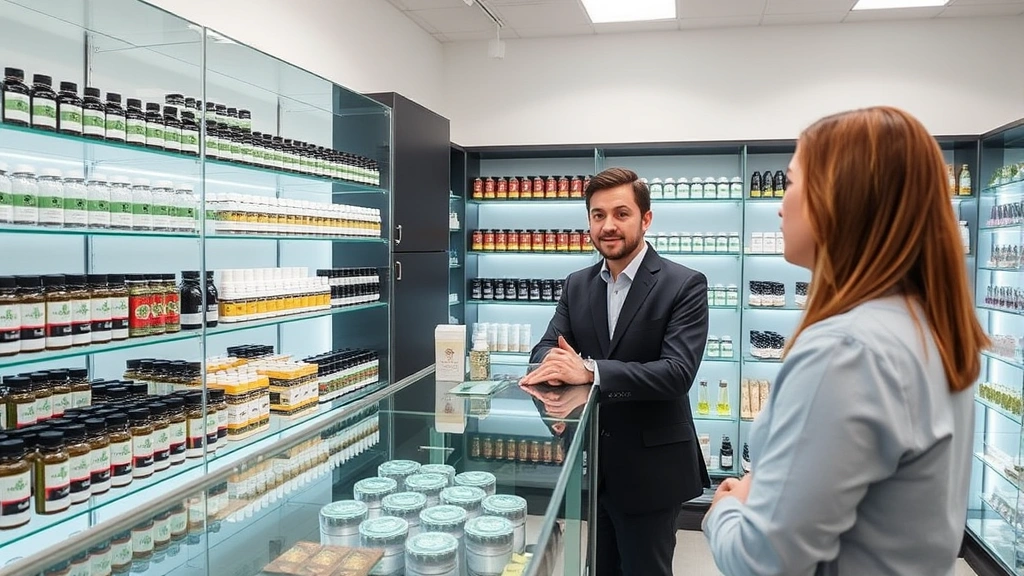 Professional dispensary consultation setting: knowledgeable staff member discussing products with attentive customer across glass counter displaying various cannabis products in organized shelves, bright clean lighting, welcoming atmosphere