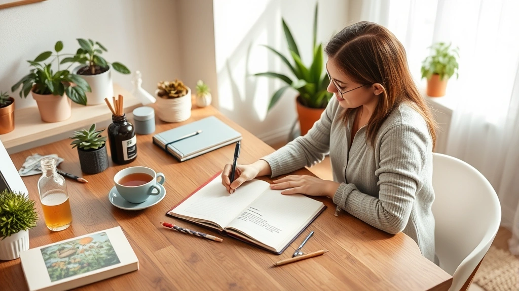 Wellness integration lifestyle: person journaling wellness notes at wooden desk with herbal tea, journal, and wellness products nearby, soft natural lighting, plants visible, comfortable home environment suggesting mindful self-care routine