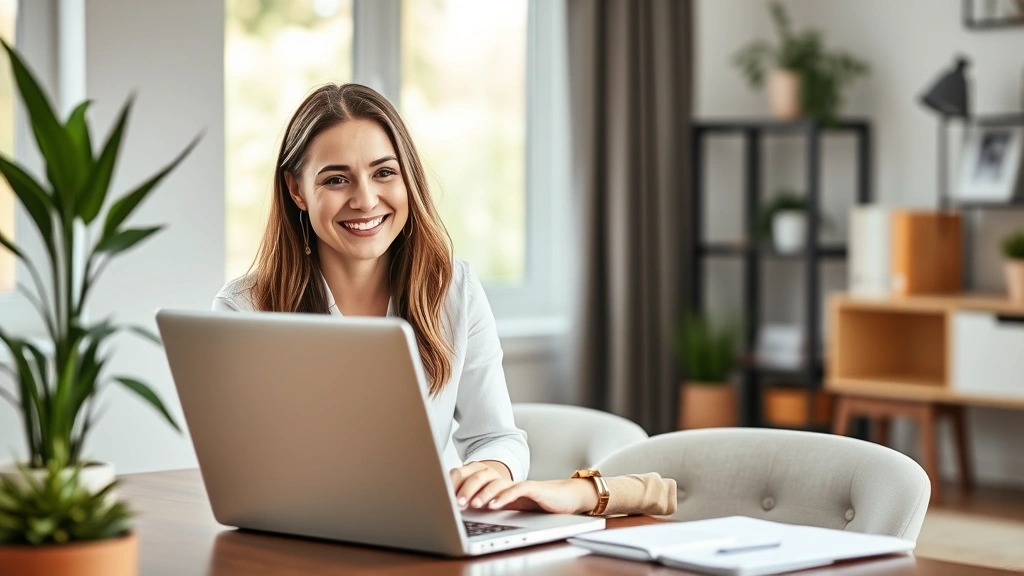 Young professional woman smiling during video consultation on laptop in modern home office, natural lighting, professional but relaxed atmosphere