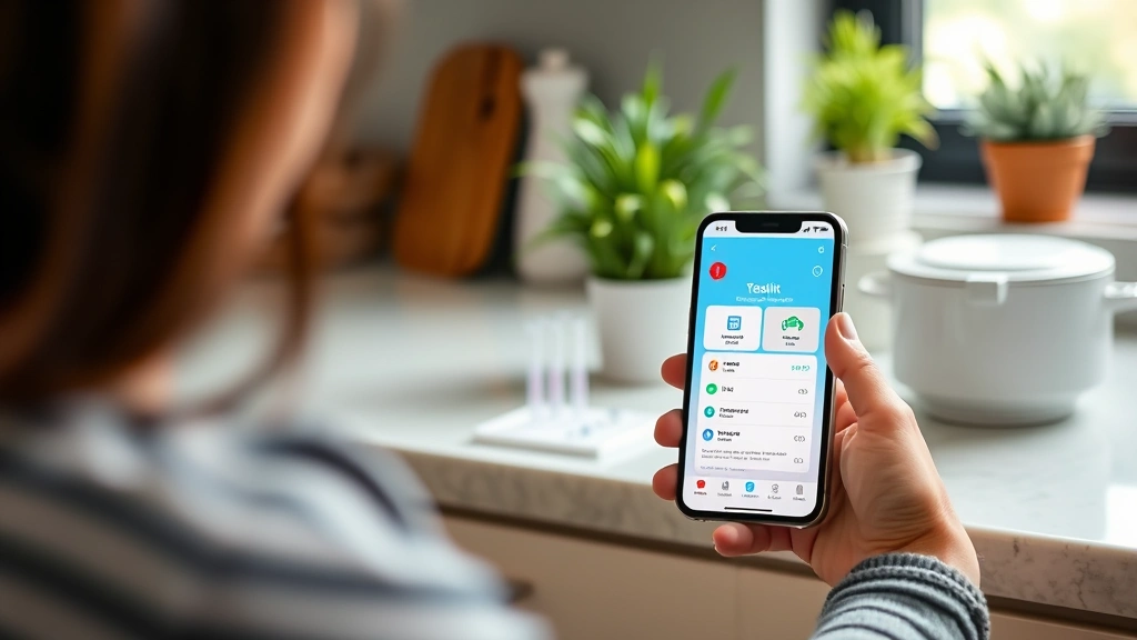 Person holding at-home health testing kit on kitchen counter with smartphone showing app interface, wellness-focused lifestyle setting