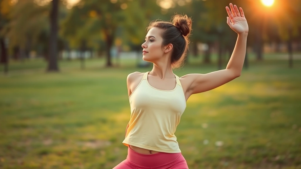 Woman in bright athleisure stretching outdoors at sunrise, peaceful natural park setting with soft morning light, warm color tones, wellness and vitality aesthetic