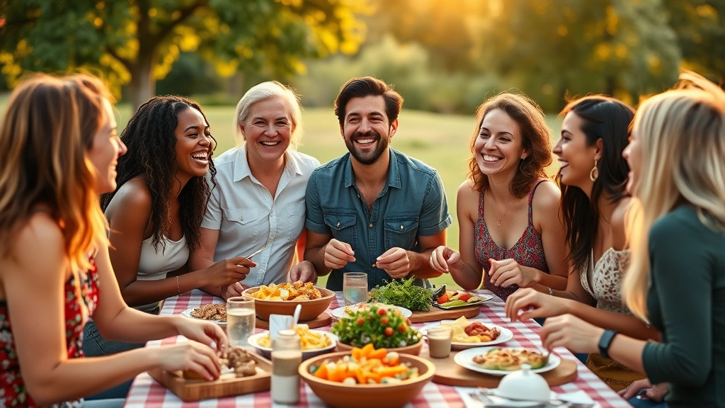 Diverse group of people laughing together at outdoor picnic with healthy food spread, golden hour lighting, genuine connection and community wellness moment