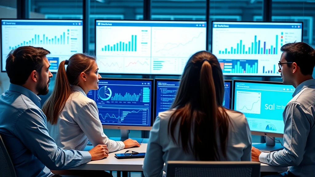 Professional healthcare technology team collaborating in modern office setting with multiple monitors displaying health data analytics dashboards and patient care metrics