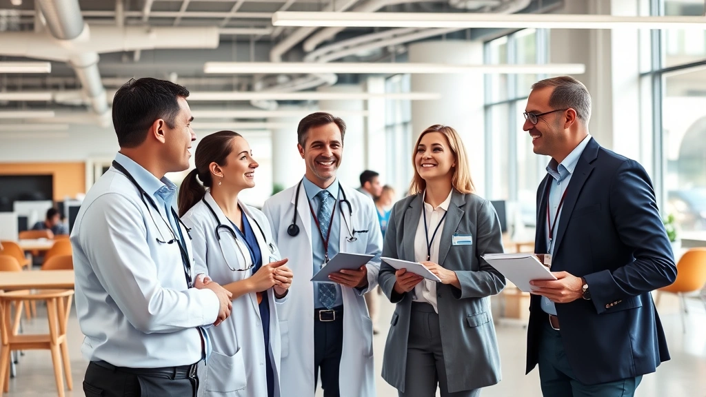 Diverse group of healthcare professionals in business casual attire having meaningful conversation in bright, contemporary workplace with large windows and collaborative spaces