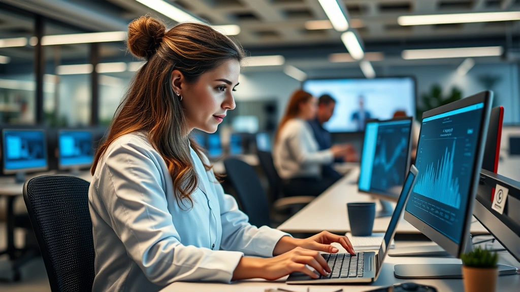 Female data scientist working at desk with healthcare technology interface visible, surrounded by colleagues in background, modern office environment with wellness elements visible