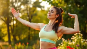 Woman in bright athletic wear stretching outdoors in morning sunlight, surrounded by green trees and flowers, peaceful natural setting, warm golden hour lighting, serene expression, wellness lifestyle moment