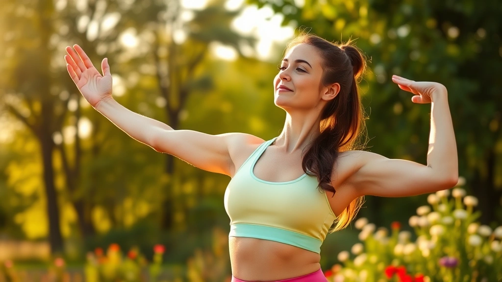 Woman in bright athletic wear stretching outdoors in morning sunlight, surrounded by green trees and flowers, peaceful natural setting, warm golden hour lighting, serene expression, wellness lifestyle moment