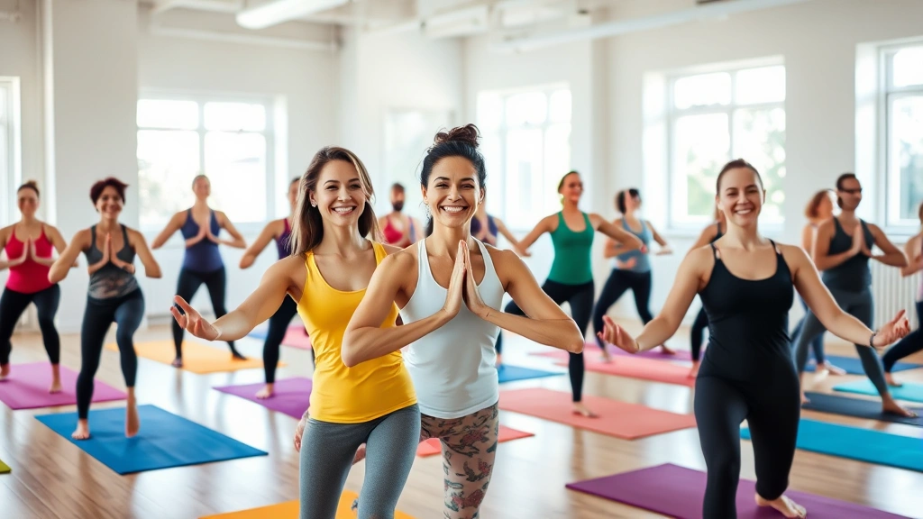 Diverse group of people in a fitness studio doing yoga together, smiling, colorful yoga mats, natural window light, community wellness class, inclusive and energetic atmosphere, modern clean studio space
